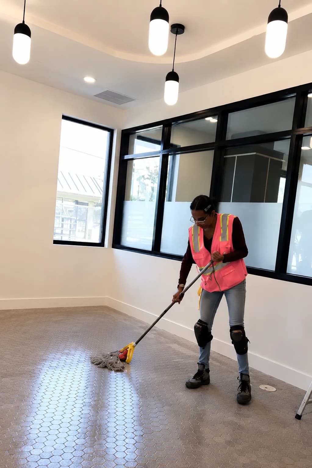 Complete JCCS technician mopping a polished commercial tile floor to a spotless finish