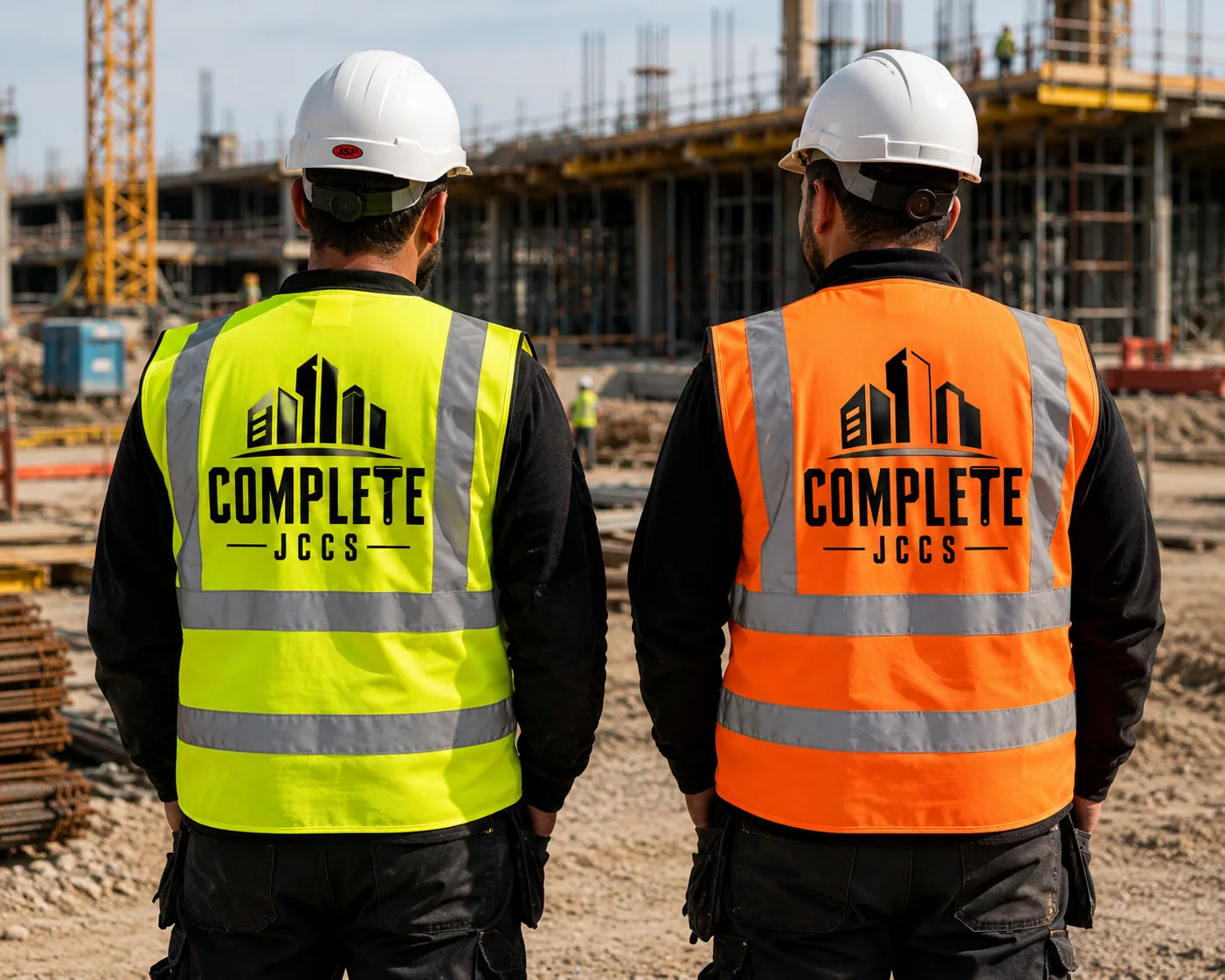 Two Complete JCCS crew members in branded hi-vis vests overseeing an active Northern California commercial construction site