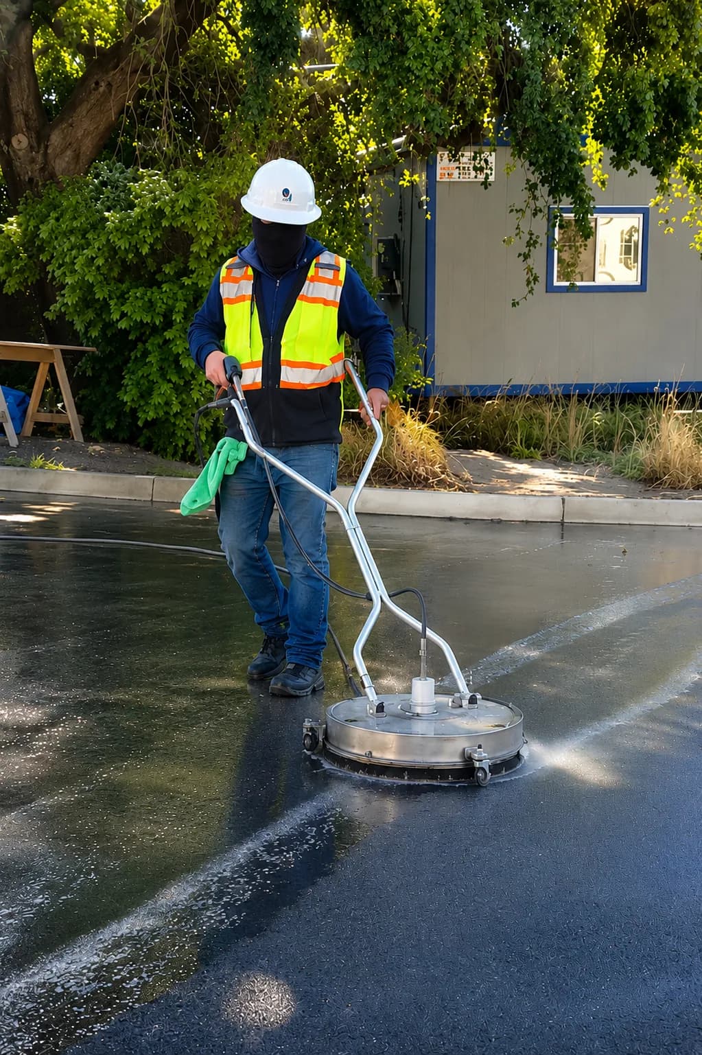 Complete JCCS technician using an industrial surface cleaner to pressure-wash commercial concrete